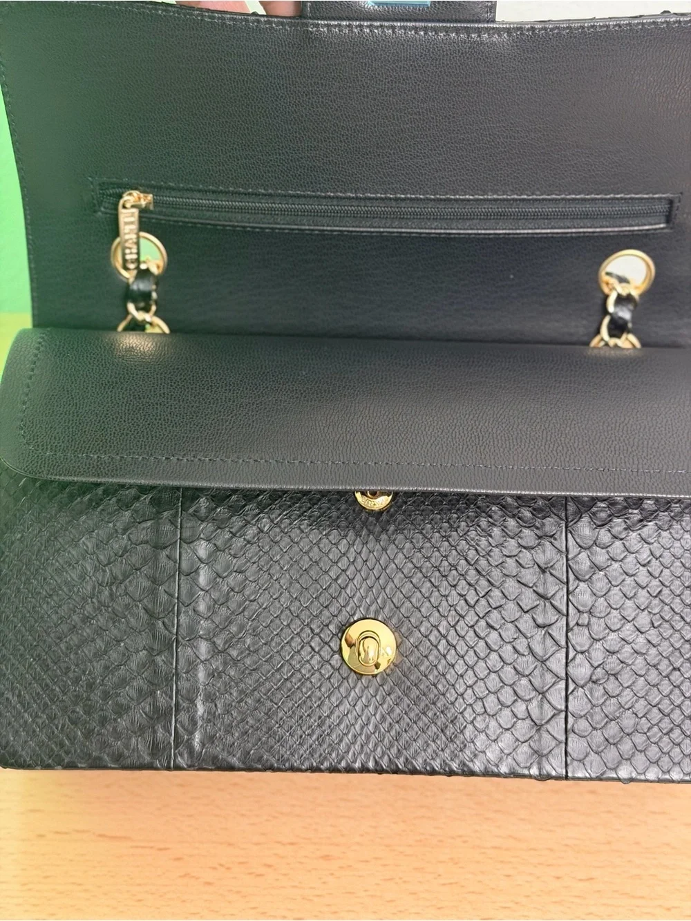 Black Genuine Python Chain Crossbody Bag Double Flap GHW